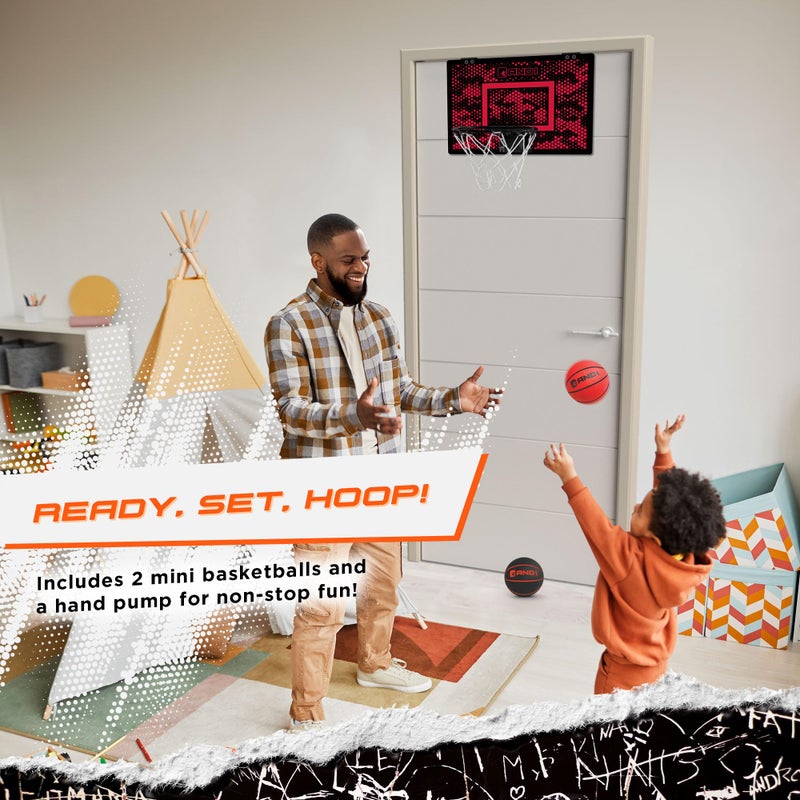 AND1 Mini Basketball Hoop: 18â€x12â€ Pre-Assembled Portable Over The Door with Flex Rim, Includes Two Deflated 5â€ Mini Basketball with Pump, for Indoor, Red/Black - Image 2